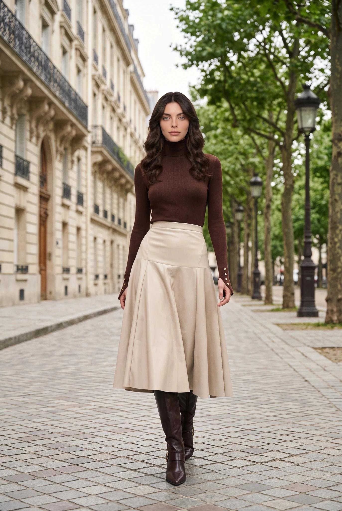 Jupe Midi Évasée en Similicuir Beige Taille Haute