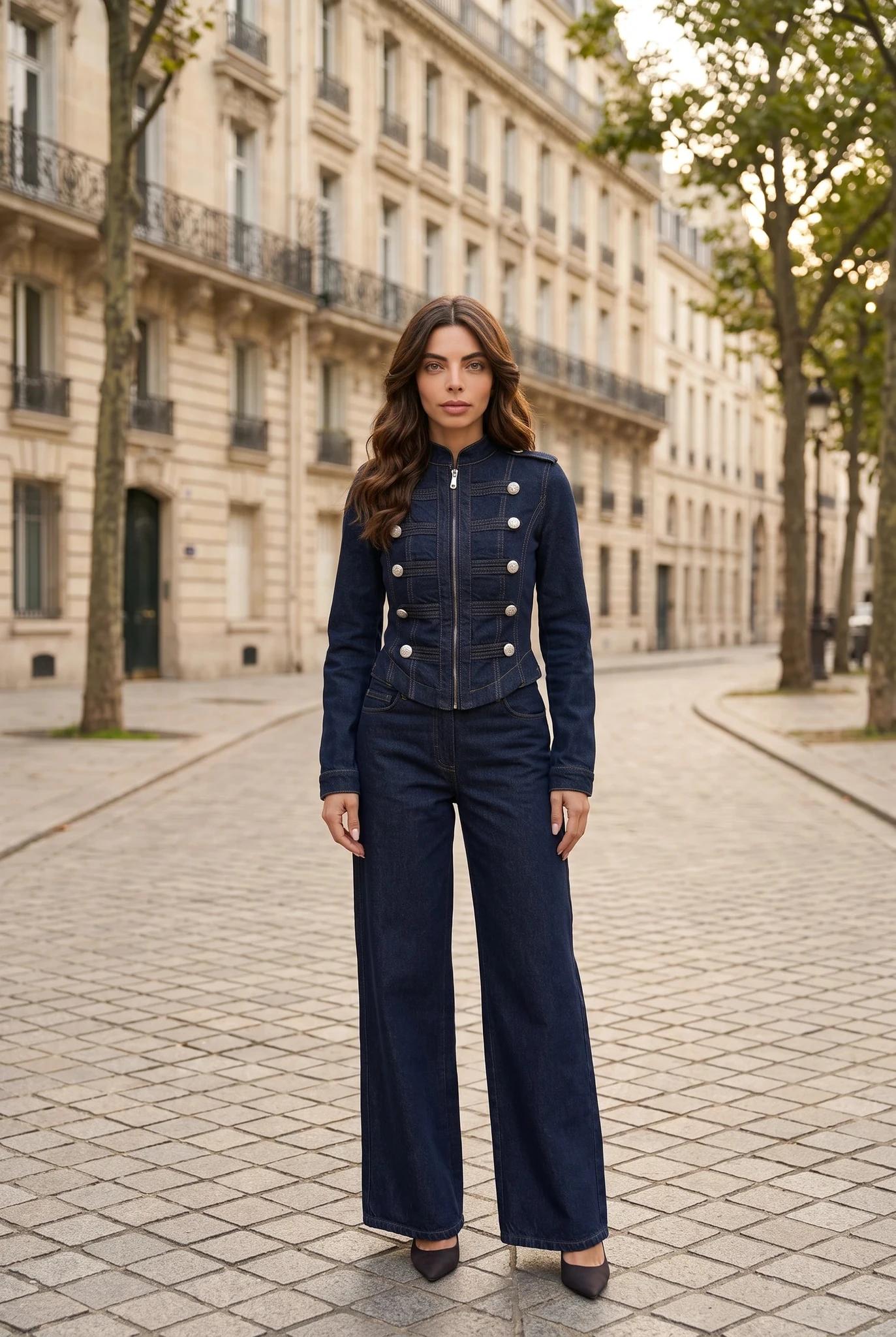 Dunkelblaue Denim Kombi Militärjacke und Weite Hose