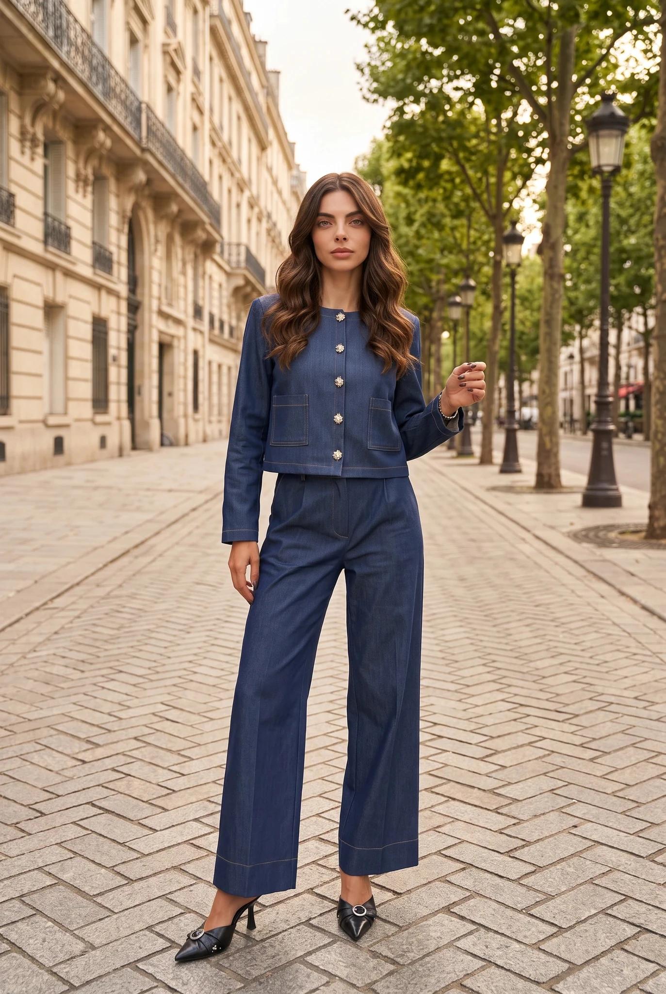 Navy Blue Pants Suit with Stitch Detail