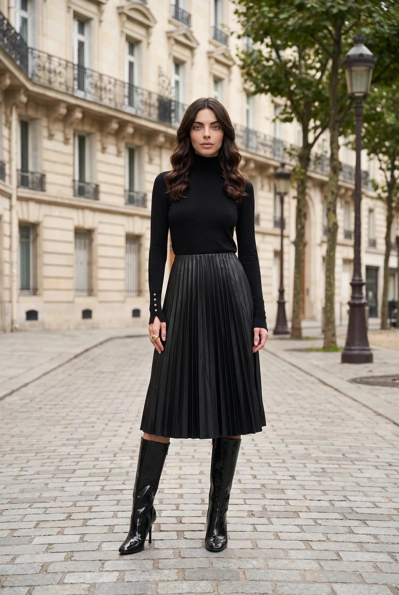 Dames Zwarte Kunstlederen Geplooide Midirok