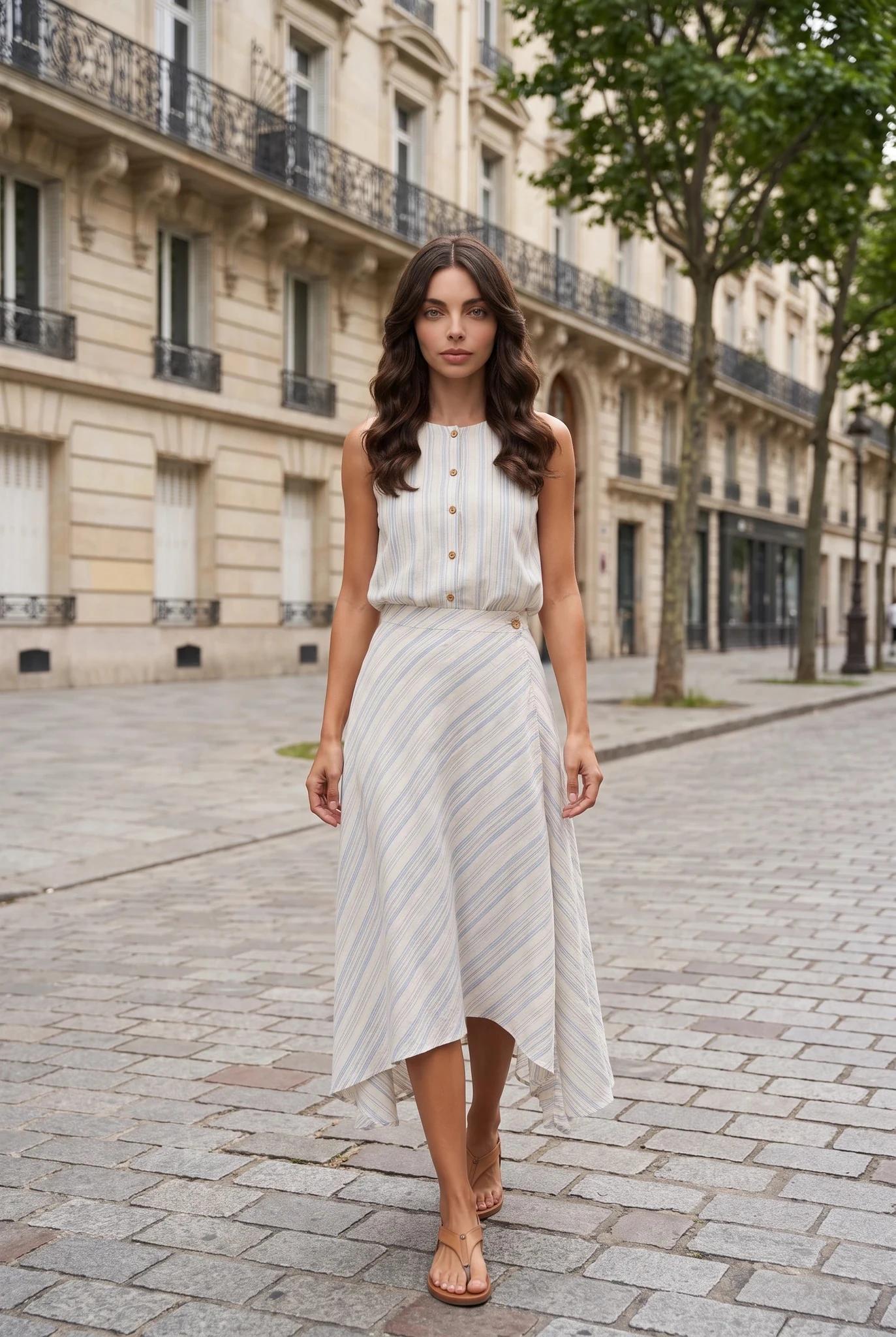 Randigt 2-delat Set med Kjol och Topp för Dam Blå Sommar