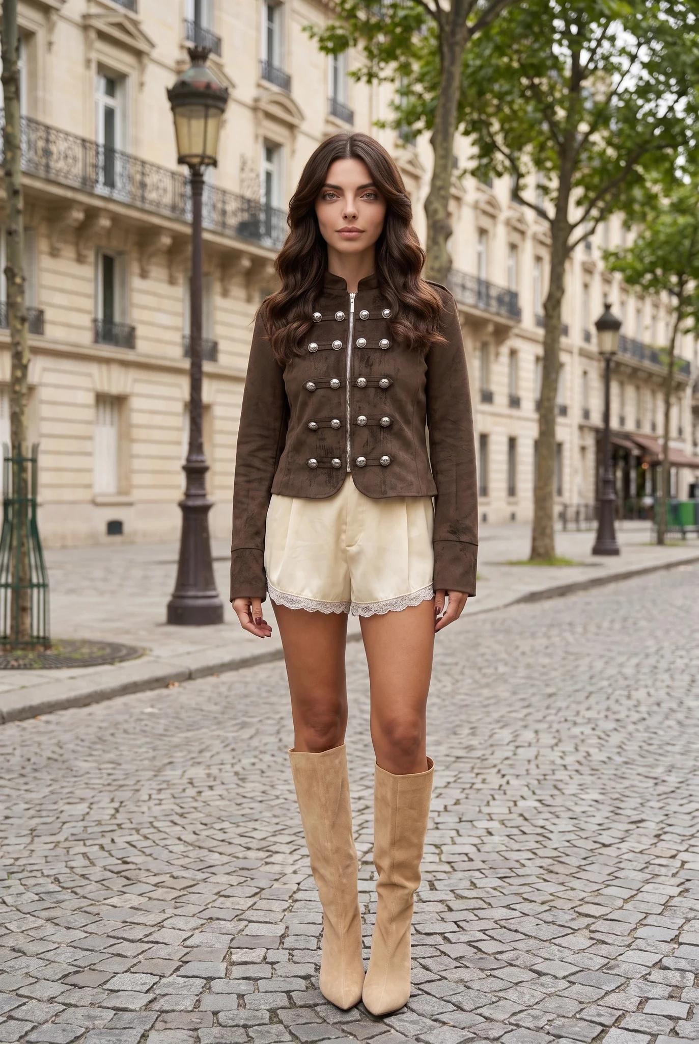 Women's Khaki Suede Military Jacket with Zip & Button Details