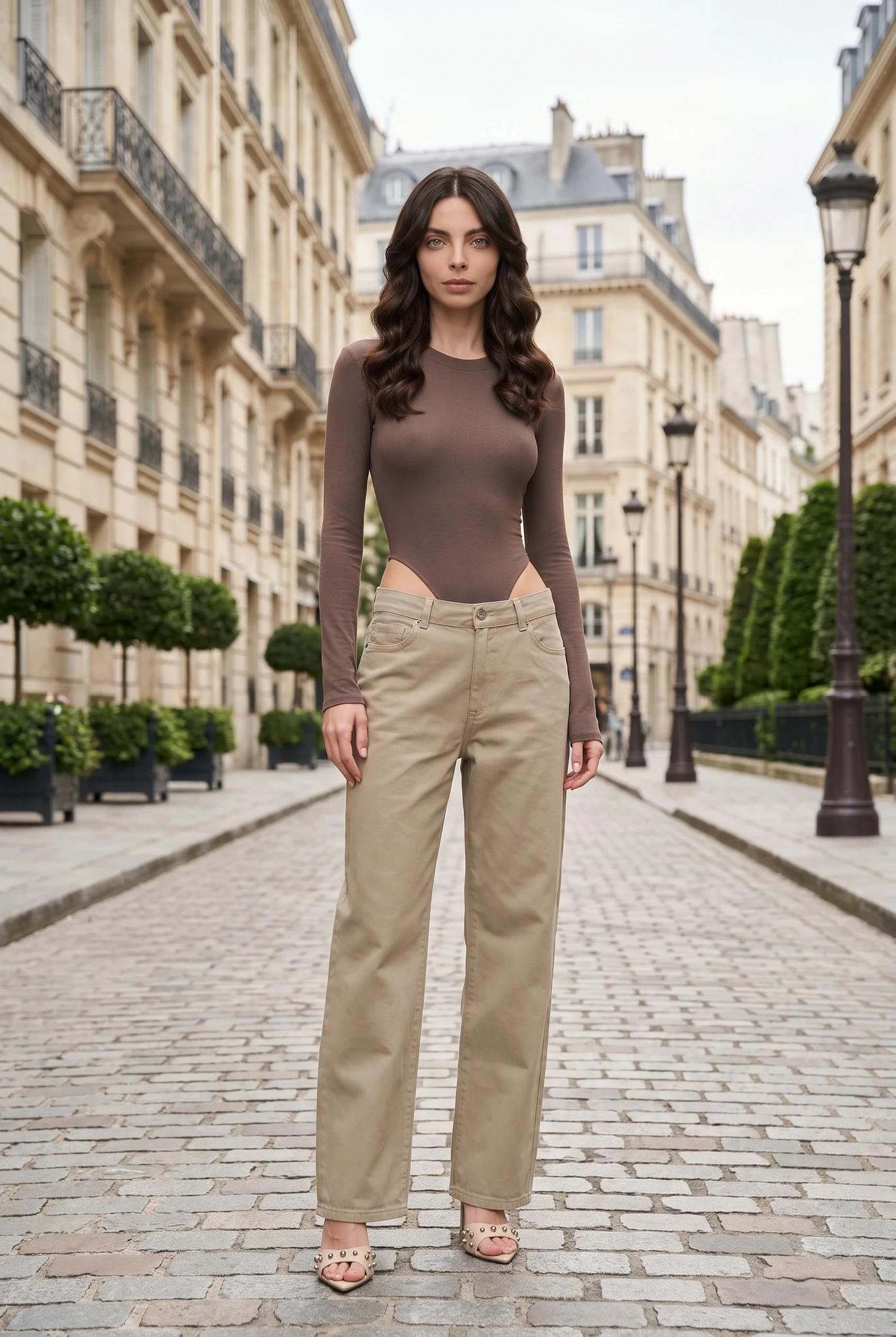 Damen Khaki Weite Gabardine-Hose