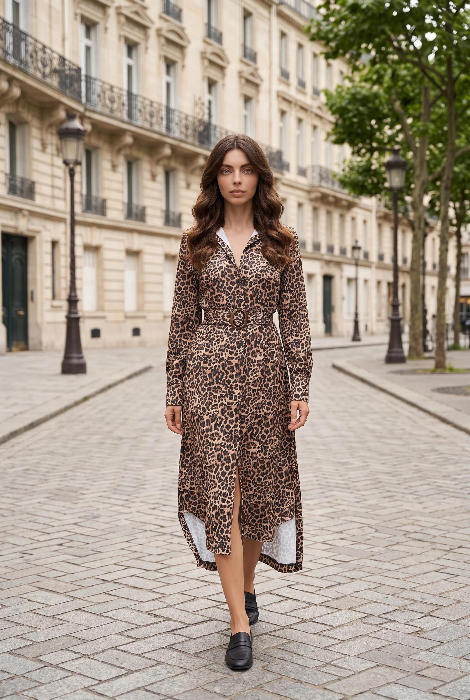 Women's Leopard Print Belted Midi Shirt Dress with Front Slit