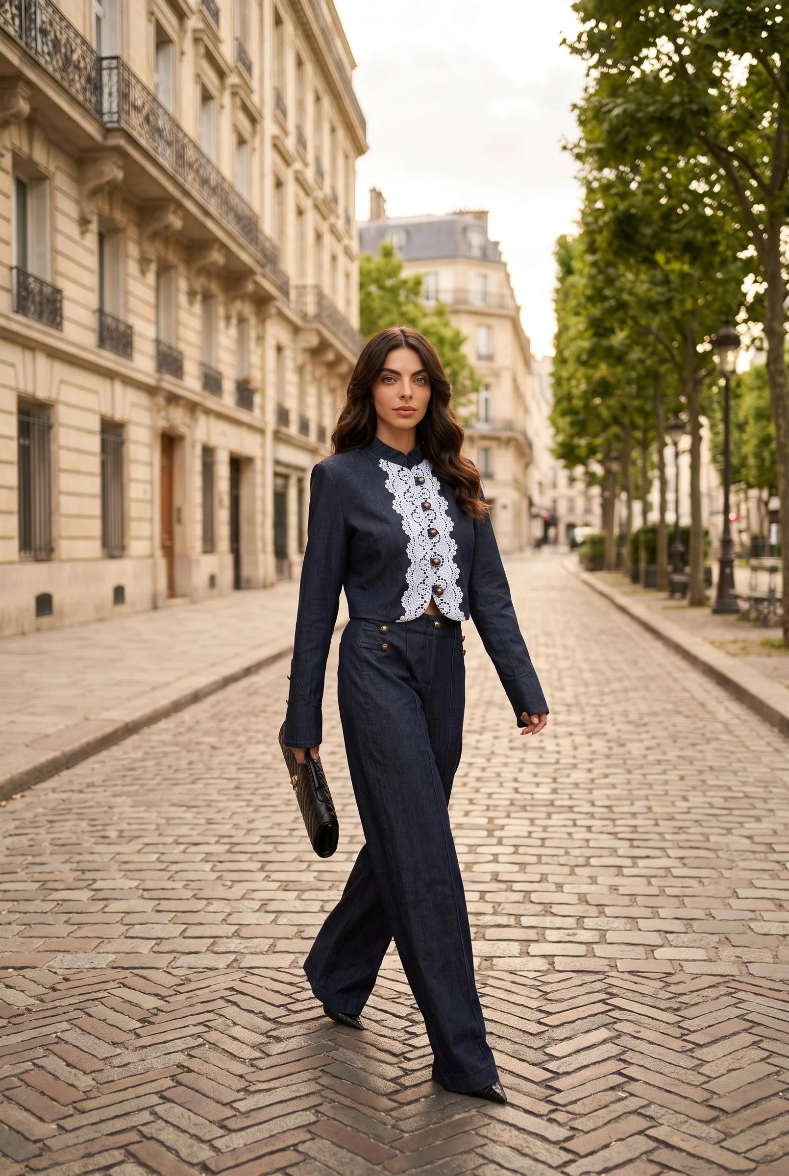 Completo 2 Pezzi Donna Blu Navy Giacca Corta in Pizzo e Pantaloni a Palazzo