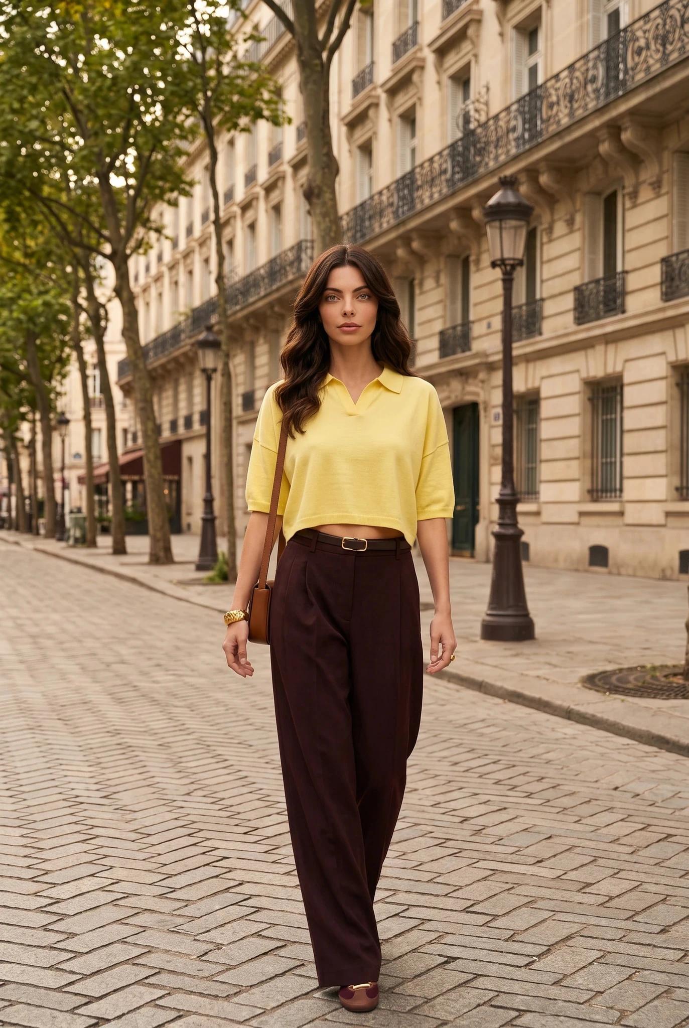 Women's Oversized Crop Polo Top - Textured Knit Blouse, Yellow