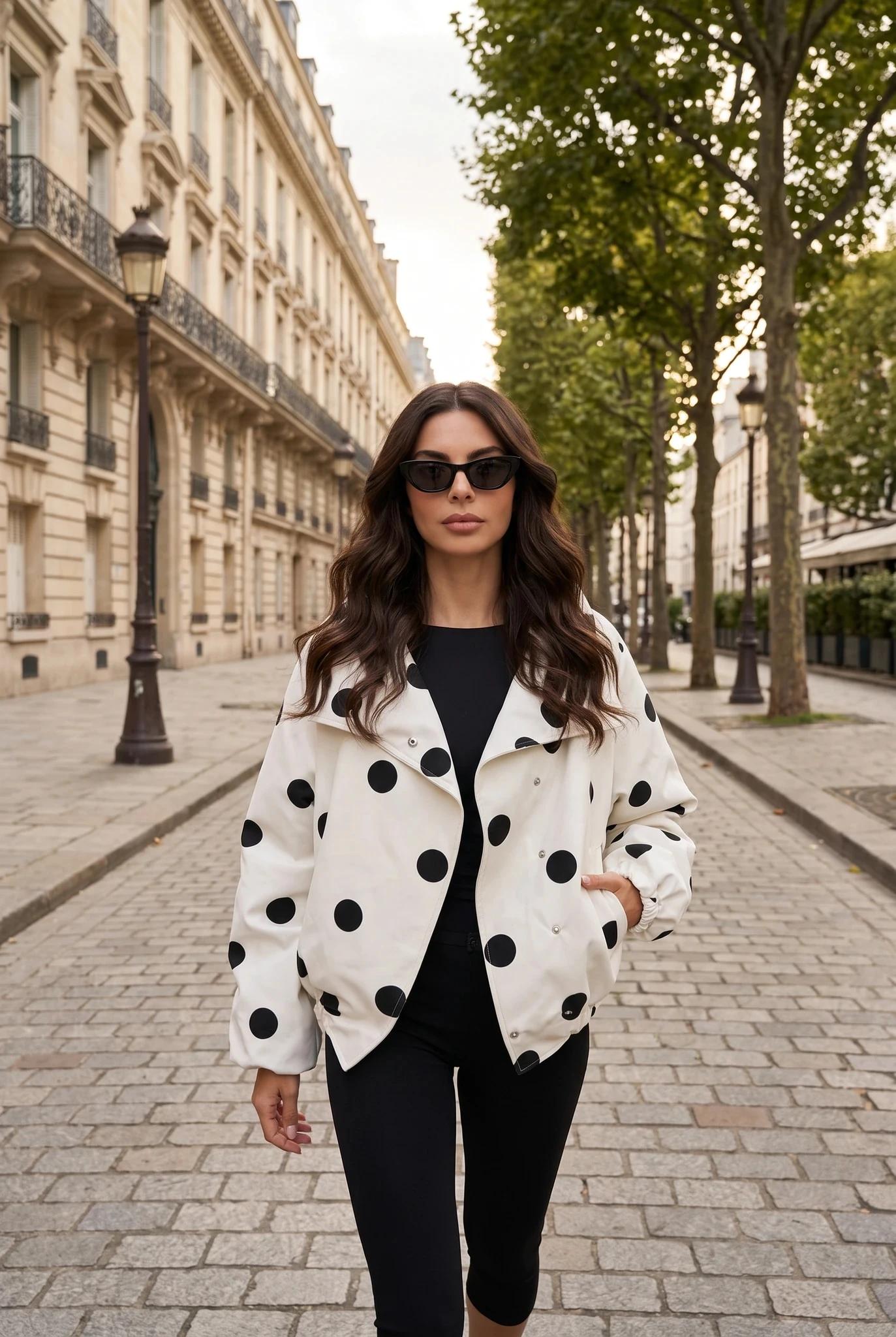 Damen Oversize Jacke mit Punkten - Ecru Stehkragen Kurz