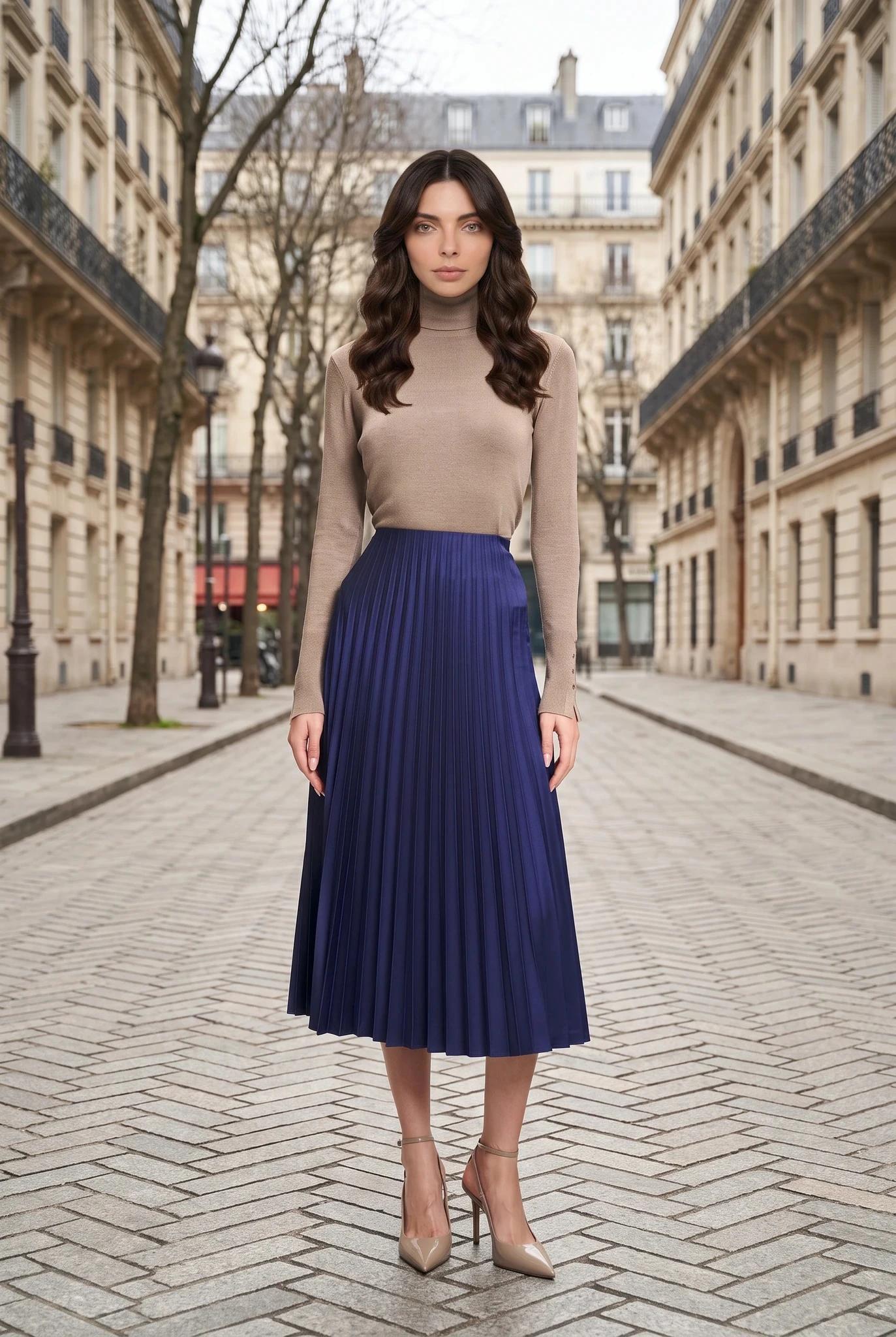 Dames Geplooide Satijnen Midirok - Marineblauw