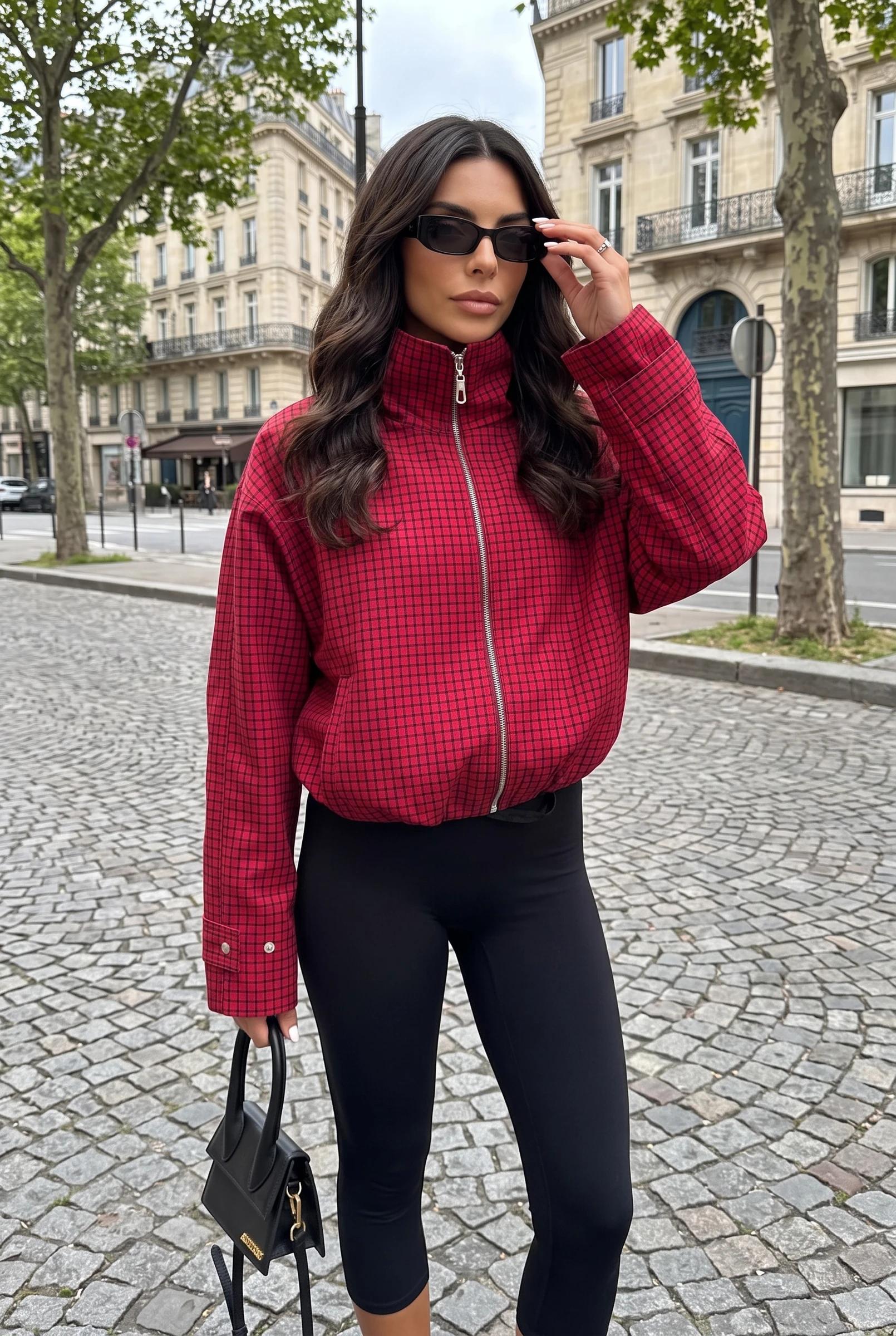 Damen Rote Karierte Oversize Zip-Up Bomberjacke