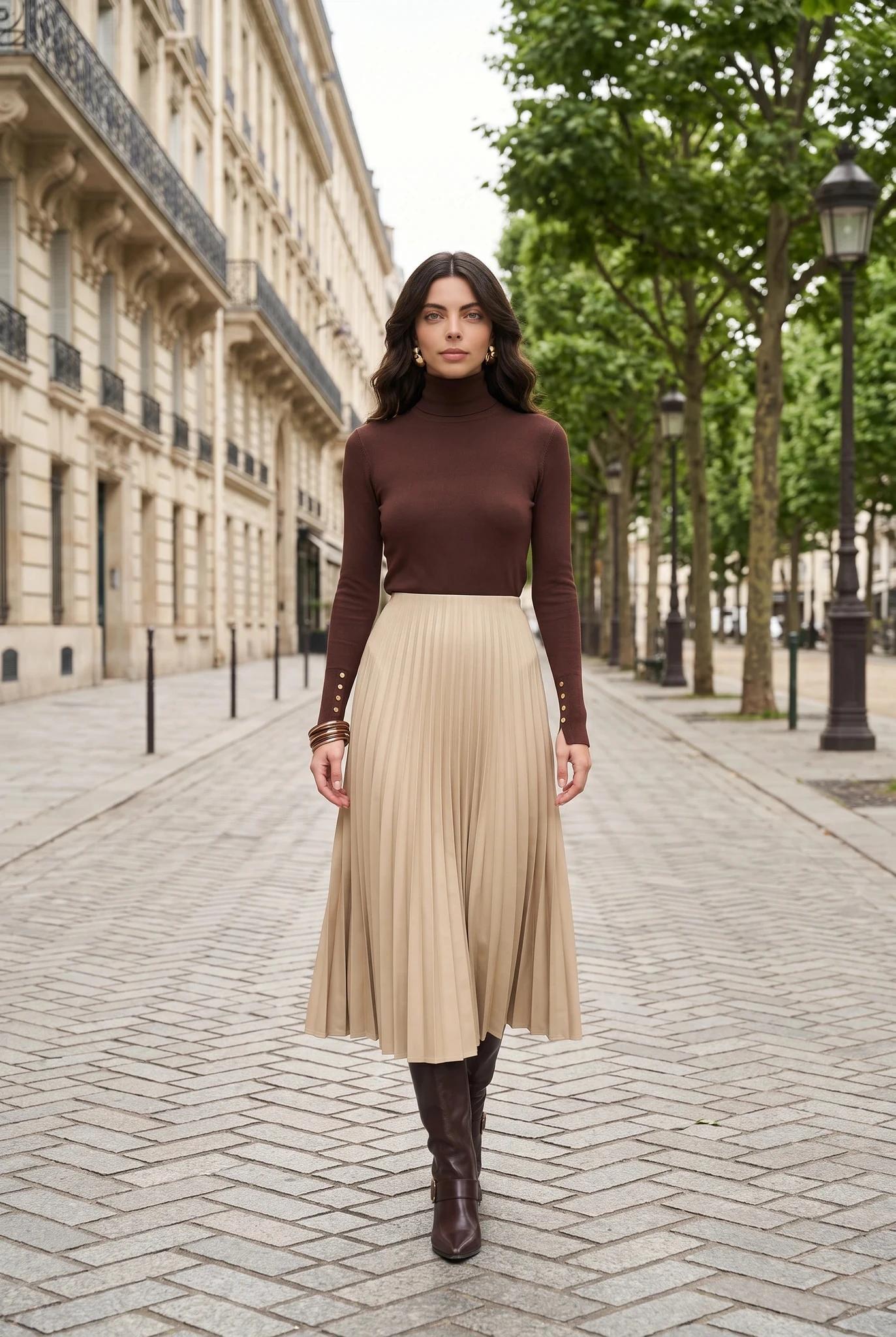 Dames Satijnen Geplooide Midirok - Beige Hoge Taille