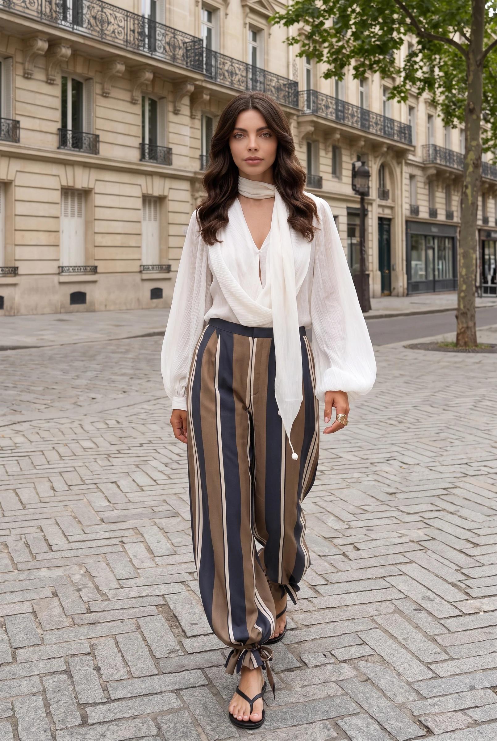 Women's Striped Tie-Ankle Balloon Trousers Multi