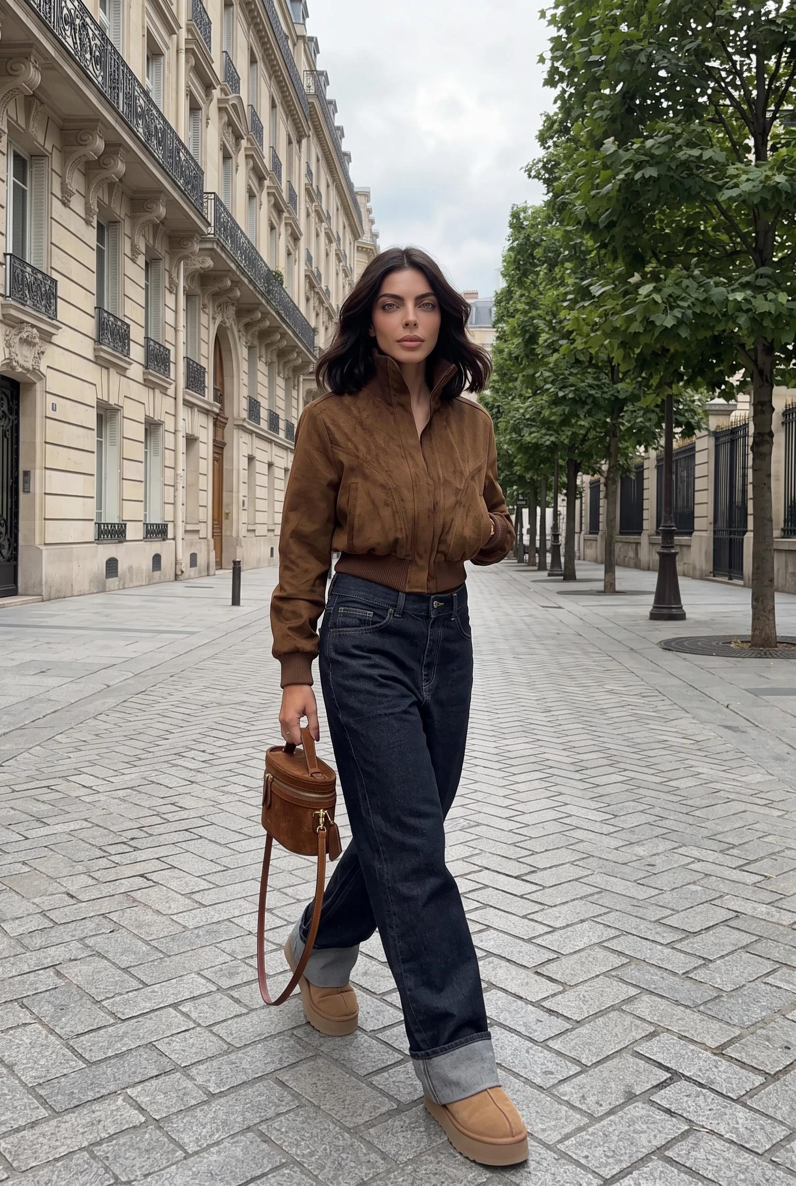 Women's Suede Bomber Jacket Cropped Tan Zip Up Outerwear