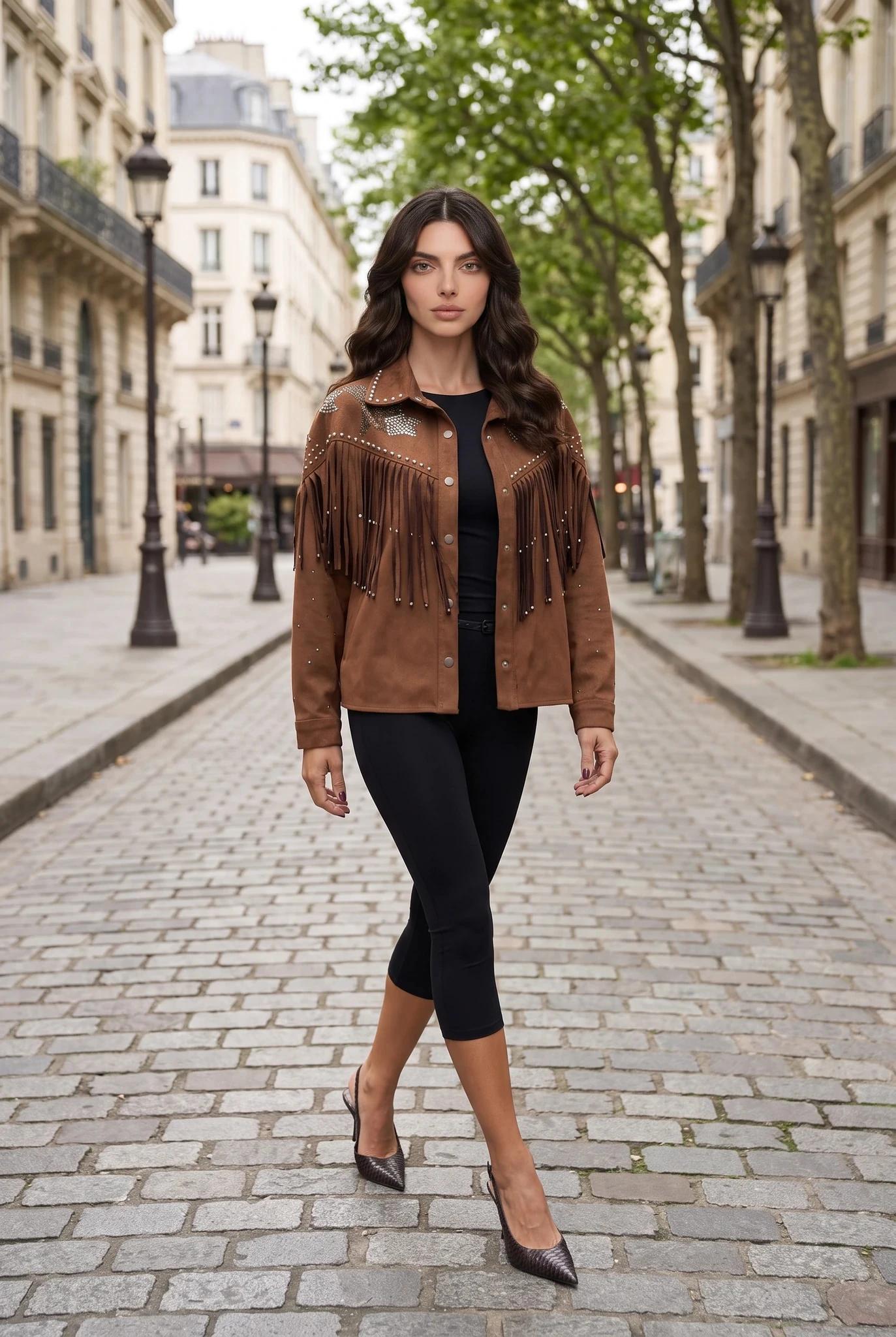Veste à Franges en Suédine Taupe pour Femme Style Western