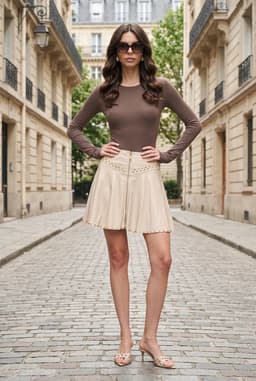 Minigonna a pieghe in ecopelle beige con borchie