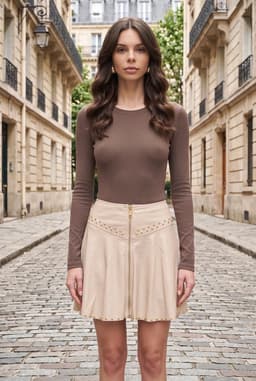 Minigonna a pieghe in ecopelle beige con borchie