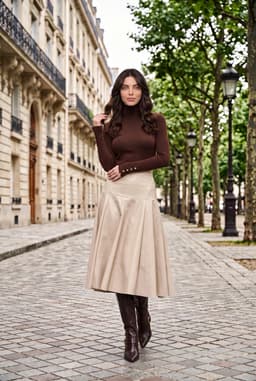 Jupe Midi Évasée en Similicuir Beige Taille Haute