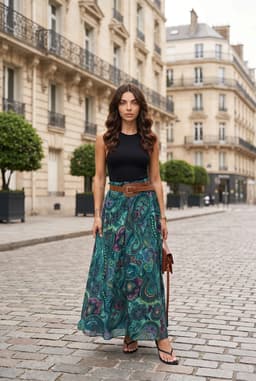 Falda Maxi Larga Tiro Alto Estampado Paisley Verde Boho