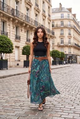 Falda Maxi Larga Tiro Alto Estampado Paisley Verde Boho