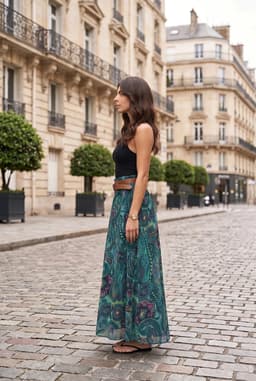 Falda Maxi Larga Tiro Alto Estampado Paisley Verde Boho