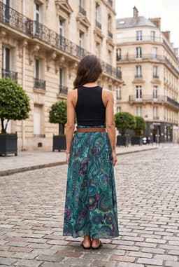 Falda Maxi Larga Tiro Alto Estampado Paisley Verde Boho