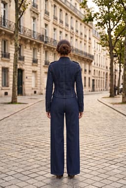 Set Denim Xanh Đậm Áo Khoác Quân Đội Và Quần Ống Rộng