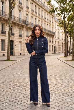 Set Denim Xanh Đậm Áo Khoác Quân Đội Và Quần Ống Rộng