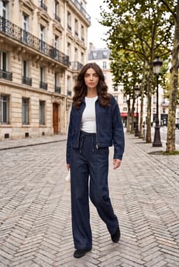 Conjunto Co-ord de Jaqueta com Zíper e Calça Larga de Ganga Azul Marinho