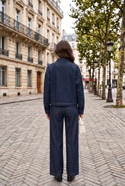 Conjunto Co-ord de Jaqueta com Zíper e Calça Larga de Ganga Azul Marinho