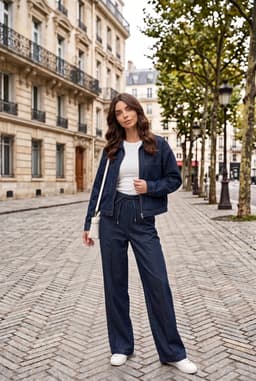 Conjunto Co-ord de Jaqueta com Zíper e Calça Larga de Ganga Azul Marinho