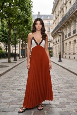 Rust Color Block Pleated Maxi Summer Dress with Chain Straps