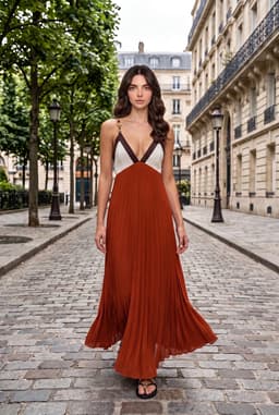 Rust Color Block Pleated Maxi Summer Dress with Chain Straps