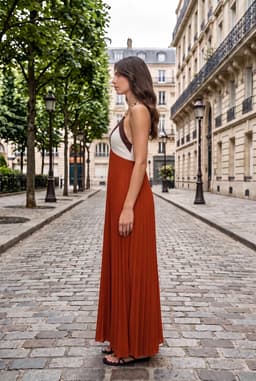 Rust Color Block Pleated Maxi Summer Dress with Chain Straps