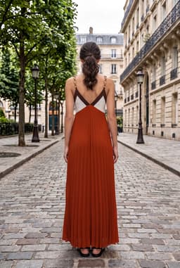Rust Color Block Pleated Maxi Summer Dress with Chain Straps