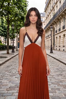 Rust Color Block Pleated Maxi Summer Dress with Chain Straps