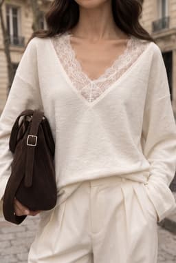 Λευκό πλεκτό πουλόβερ με λαιμόκοψη V και λεπτομέρειες δαντέλας — Λευκό