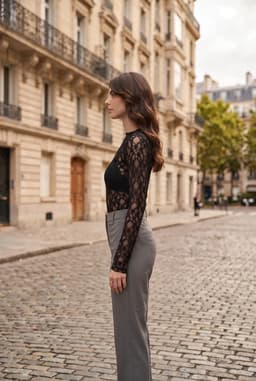 Top De Manga Larga De Encaje Transparente Negro Para Mujer