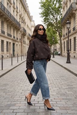 Chaqueta Corta Oversize Mujer Marrón Lunares Cuello Alto