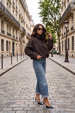 Chaqueta Corta Oversize Mujer Marrón Lunares Cuello Alto