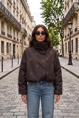 Chaqueta Corta Oversize Mujer Marrón Lunares Cuello Alto