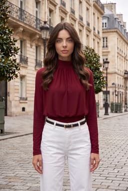 Dames Blouse met Gedrapeerde Hals en Lange Mouwen - Bordeauxrood