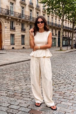 Conjunto 2 Peças Mulher Cru Jacquard Top Peplum e Calças Largas