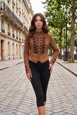Women's Embroidered Brown Faux Suede Military Style Jacket