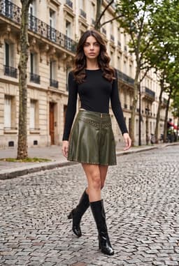 Women's Green Studded Faux Leather Front Zip Flared Mini Skirt
