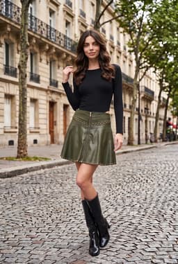 Women's Green Studded Faux Leather Front Zip Flared Mini Skirt