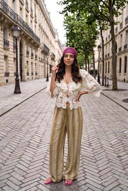 Women's Khaki Striped Wide Leg Palazzo Pants Drawstring Waist