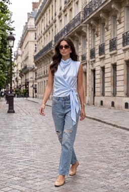 Women's Light Blue Cowl Neck Satin Blouse with Side Tie