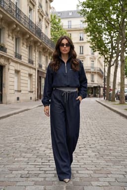 Dam Marinblått Denim Co-ord Set med Halv Dragkedja och Vida Byxor