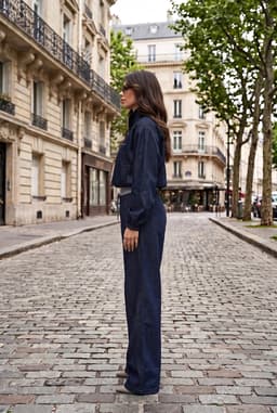 Dam Marinblått Denim Co-ord Set med Halv Dragkedja och Vida Byxor