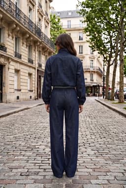 Dam Marinblått Denim Co-ord Set med Halv Dragkedja och Vida Byxor