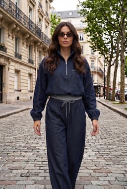 Dam Marinblått Denim Co-ord Set med Halv Dragkedja och Vida Byxor